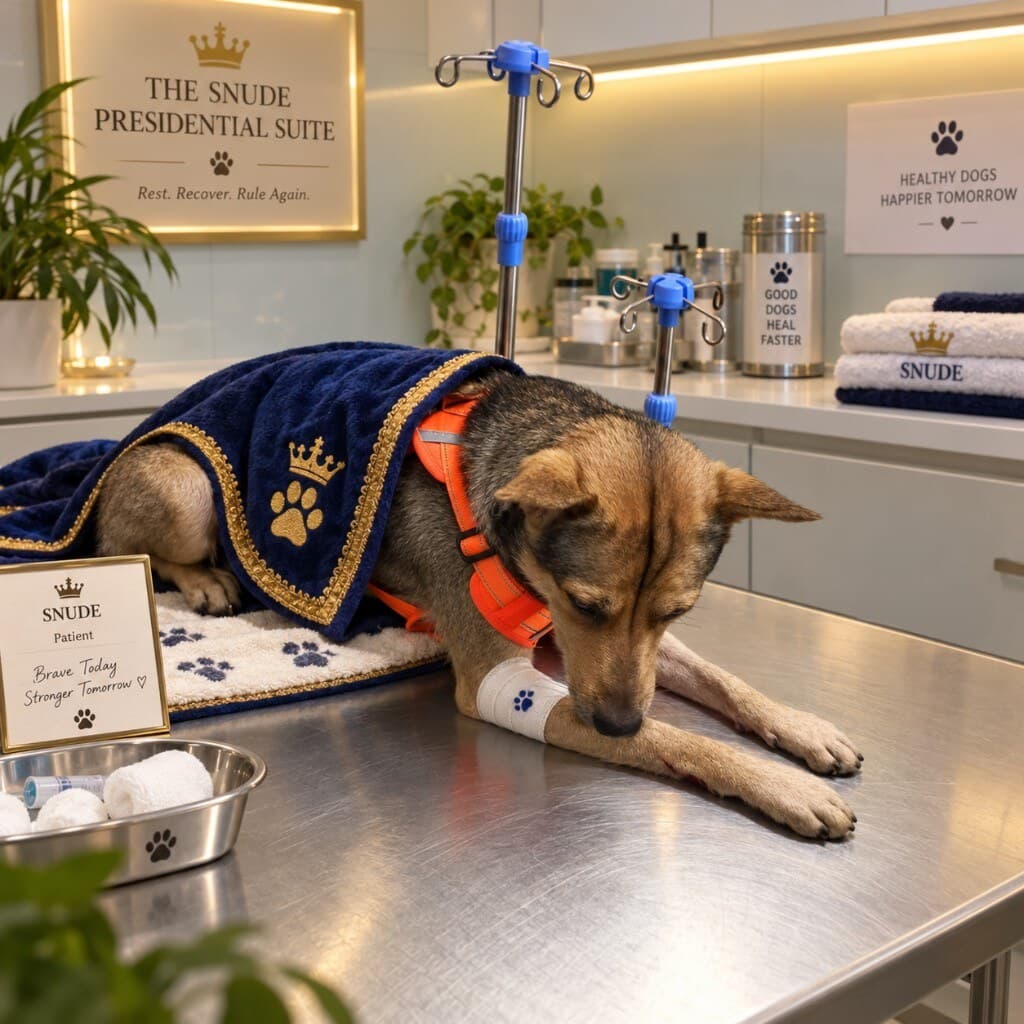 President Snude receiving veterinary treatment in the Presidential Suite following a neighborhood dog incident.
